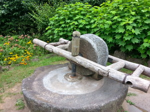 A mill stone, used to grind grains using a horse or ox to pull the wheel around.